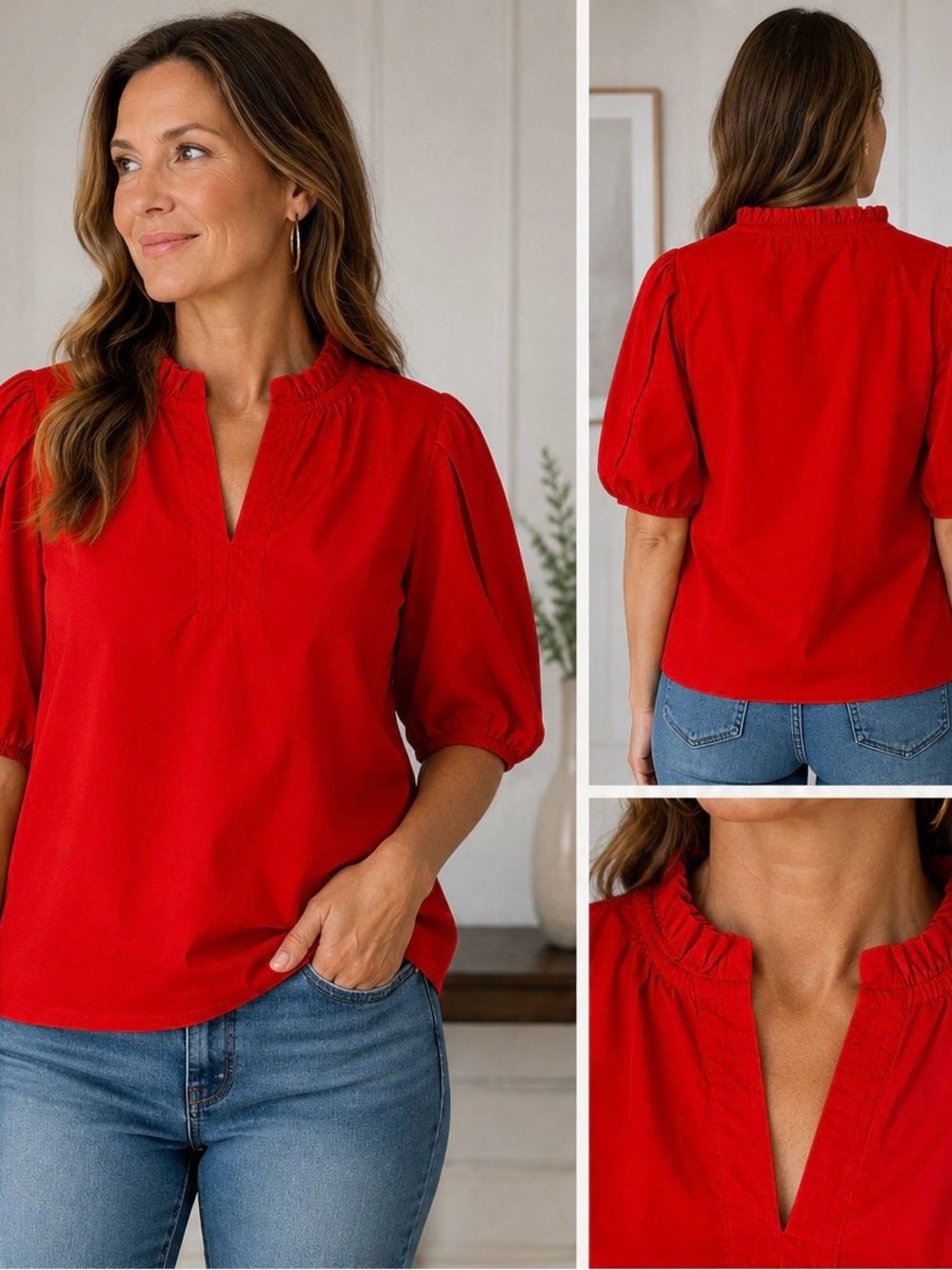 Pinch Red Ruffle Neck Puff Sleeve Blouse